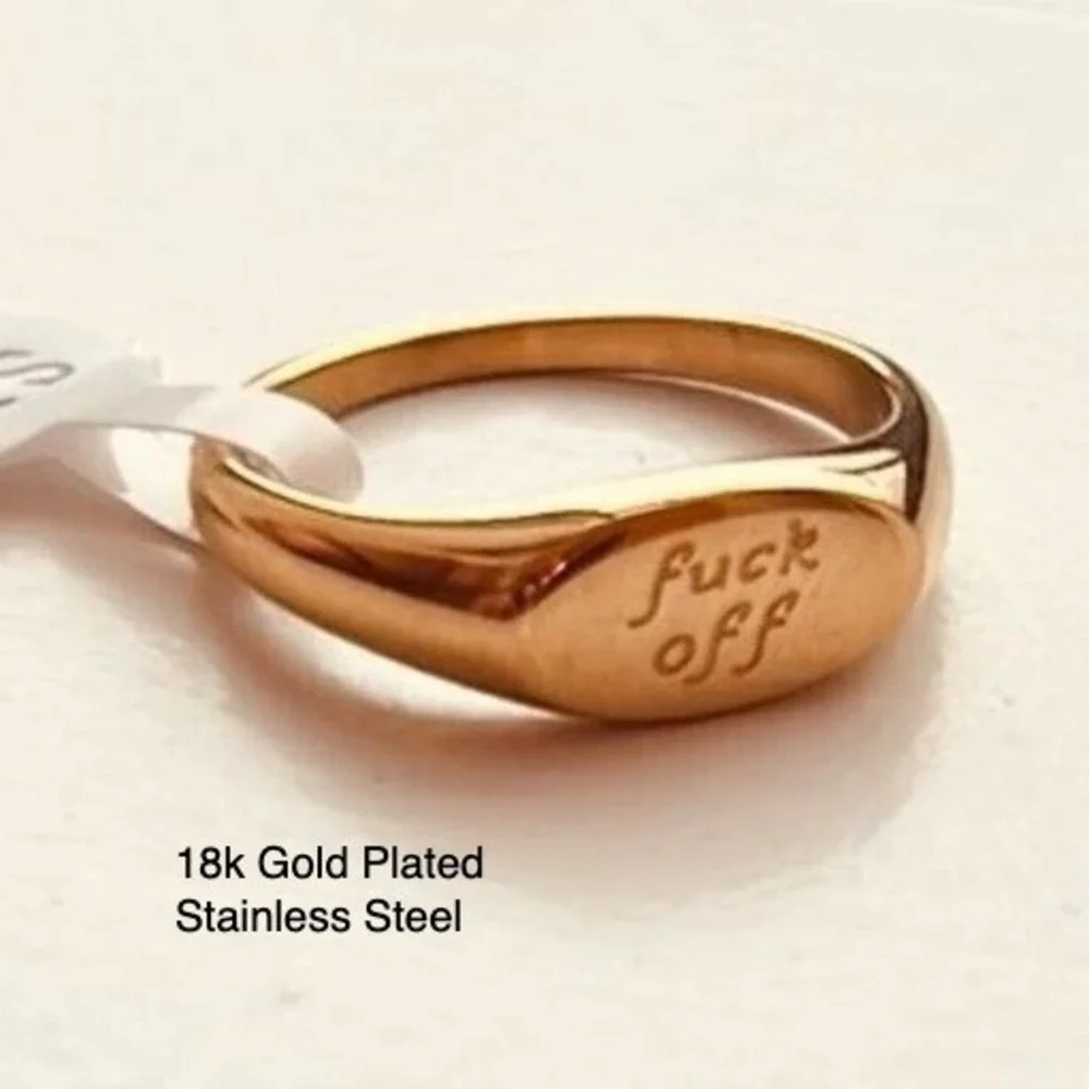 18k Gold Plated Stainless Steel Engraved Signet Ring‎ F*ck Off Statement Size 8